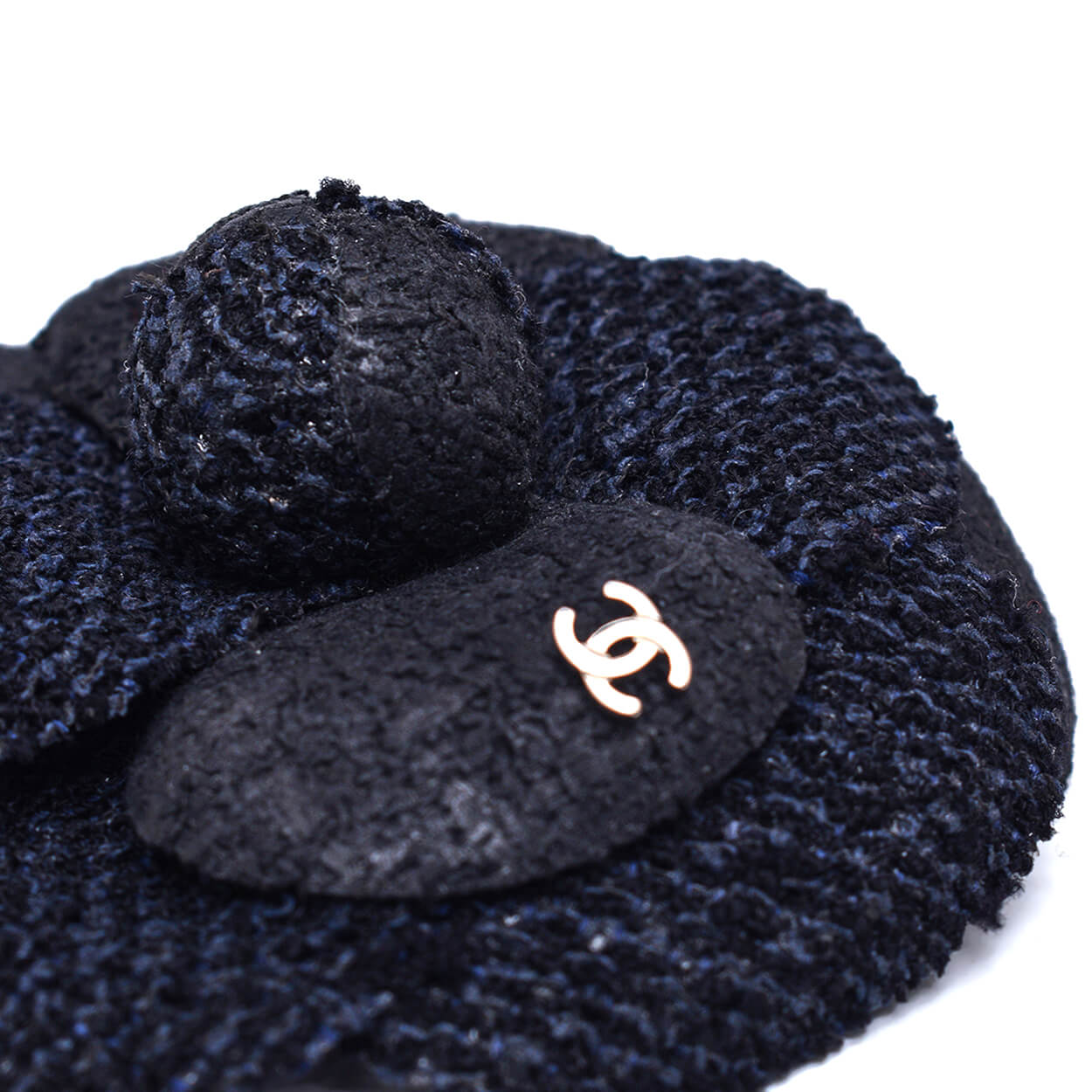 Chanel - Navy Tweed CC Camellia Brooch